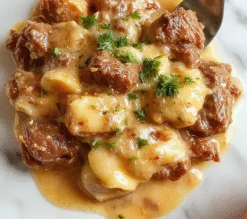 A close-up of a creamy beef stroganoff served over a bed of rice or noodles in a white, shallow dish. The beef is cooked in a rich, brown sauce with visible chunks of ground beef, garnished with fresh chopped parsley. The dish has a glossy, velvety texture with a slight sheen, and the sauce is thick and smooth, contrasting with the tender meat pieces and the fluffy rice or pasta. The background is softly blurred, highlighting the appetizing presentation and vibrant colors of the dish.