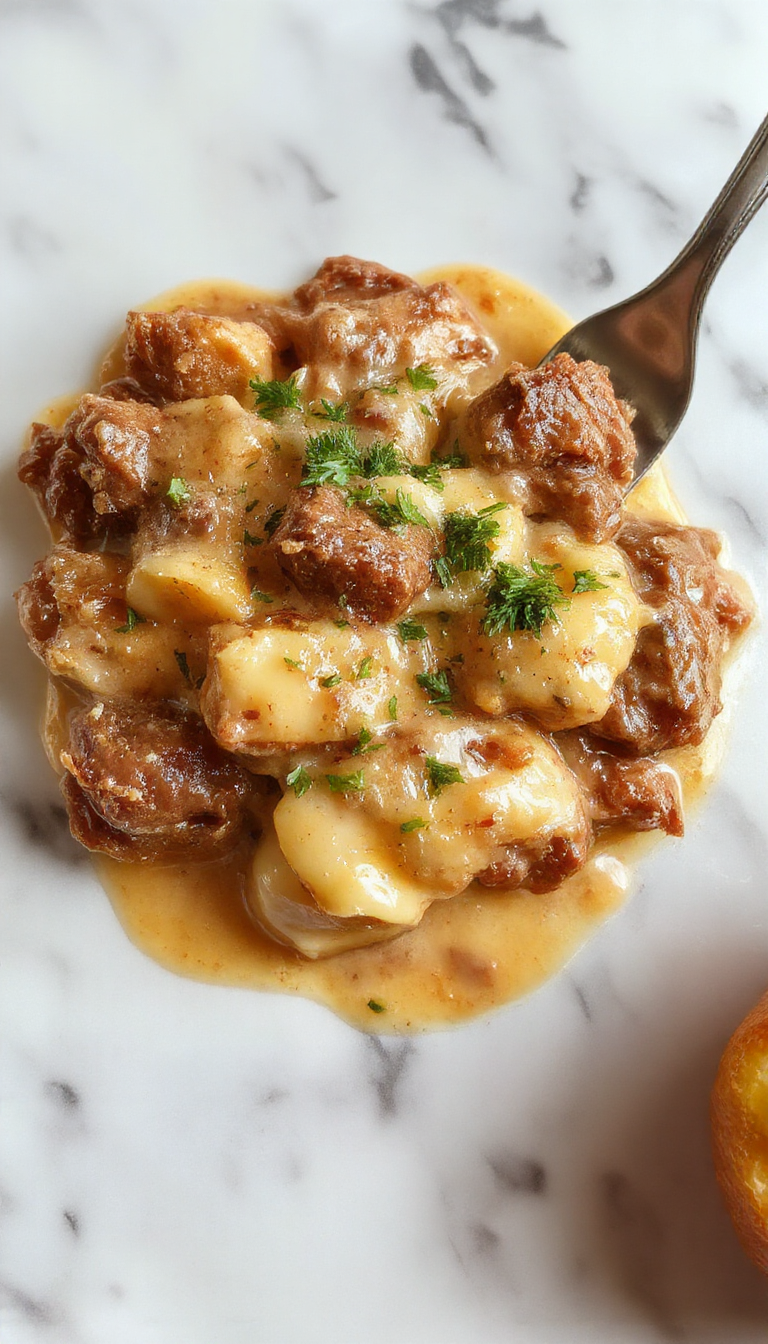 A close-up of a creamy beef stroganoff served over a bed of rice or noodles in a white, shallow dish. The beef is cooked in a rich, brown sauce with visible chunks of ground beef, garnished with fresh chopped parsley. The dish has a glossy, velvety texture with a slight sheen, and the sauce is thick and smooth, contrasting with the tender meat pieces and the fluffy rice or pasta. The background is softly blurred, highlighting the appetizing presentation and vibrant colors of the dish.