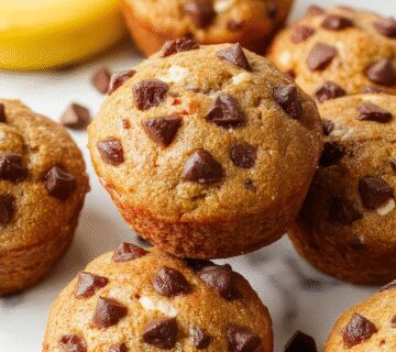 A close-up of two golden-brown banana chocolate chip muffins on a rustic wooden surface, with visible chocolate chips melting slightly on top. The muffins have a moist texture with a slightly cracked surface, and a few banana slices and chocolate chips are visible inside the crumb. Soft natural lighting highlights the moist interior and inviting aroma, with a slight sheen on the surface indicating freshness.
