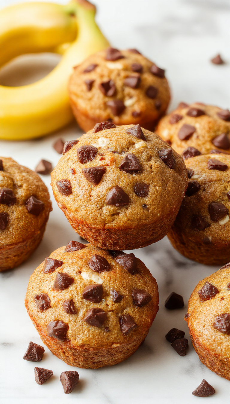 A close-up of two golden-brown banana chocolate chip muffins on a rustic wooden surface, with visible chocolate chips melting slightly on top. The muffins have a moist texture with a slightly cracked surface, and a few banana slices and chocolate chips are visible inside the crumb. Soft natural lighting highlights the moist interior and inviting aroma, with a slight sheen on the surface indicating freshness.