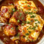 Un plato de cazuela de enchilada de pollo en una olla humeante, con pollo tierno en una salsa roja vibrante, cubierto con trozos de cilantro y rodajas de cebolla, presentado en una bandeja rústica con tortillas a un lado y acompañamientos frescos.