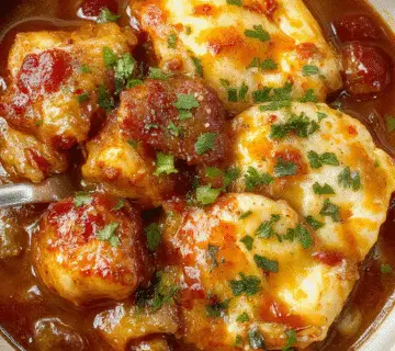 Un plato de cazuela de enchilada de pollo en una olla humeante, con pollo tierno en una salsa roja vibrante, cubierto con trozos de cilantro y rodajas de cebolla, presentado en una bandeja rústica con tortillas a un lado y acompañamientos frescos.