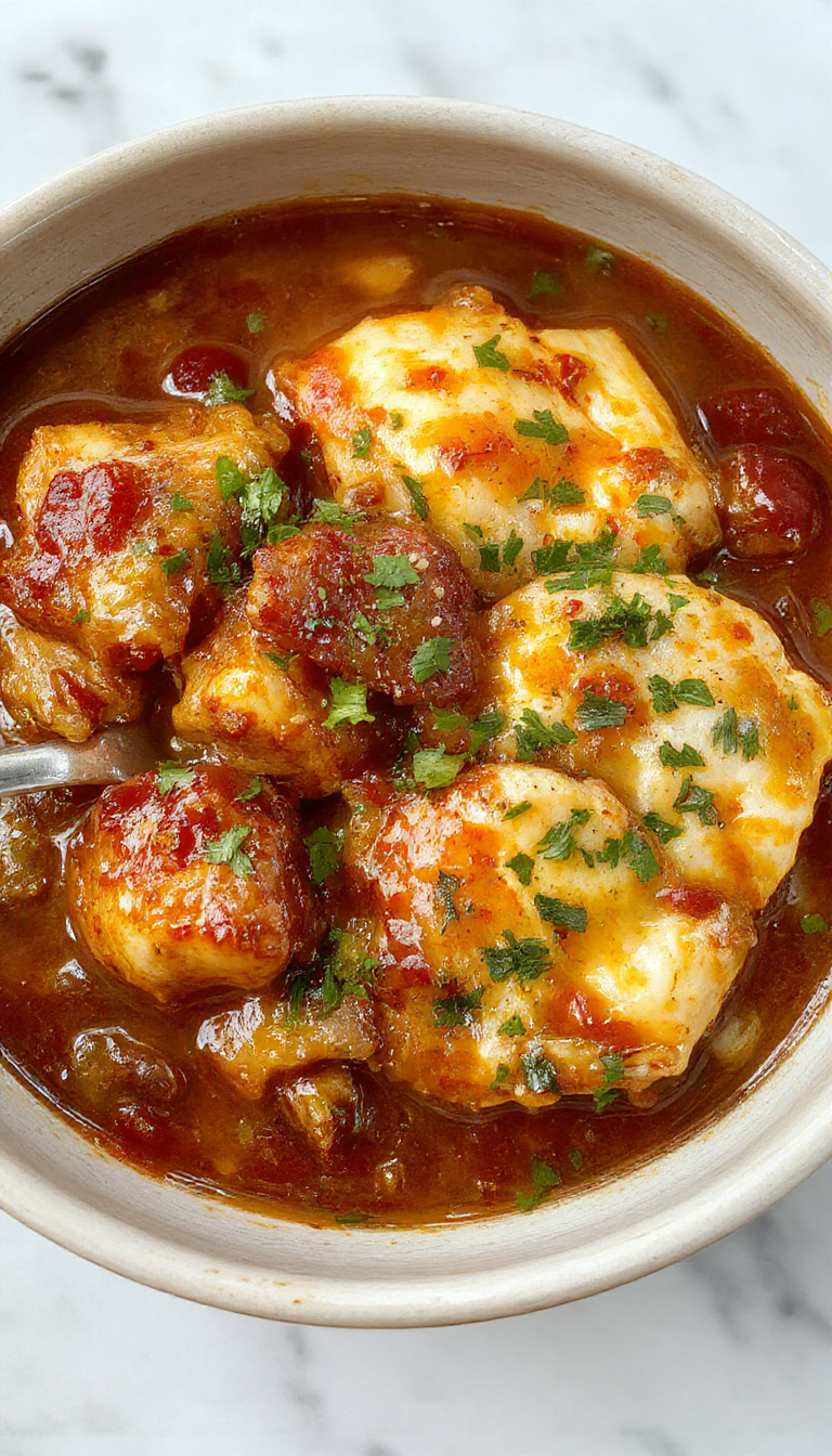 Un plato de cazuela de enchilada de pollo en una olla humeante, con pollo tierno en una salsa roja vibrante, cubierto con trozos de cilantro y rodajas de cebolla, presentado en una bandeja rústica con tortillas a un lado y acompañamientos frescos.