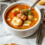 A steaming bowl of rich red tomato soup topped with crispy golden cheddar bay biscuits, garnished with chopped herbs and served in a rustic white bowl on a wooden table, steam rising from the hot dish.