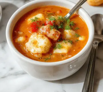 A steaming bowl of rich red tomato soup topped with crispy golden cheddar bay biscuits, garnished with chopped herbs and served in a rustic white bowl on a wooden table, steam rising from the hot dish.
