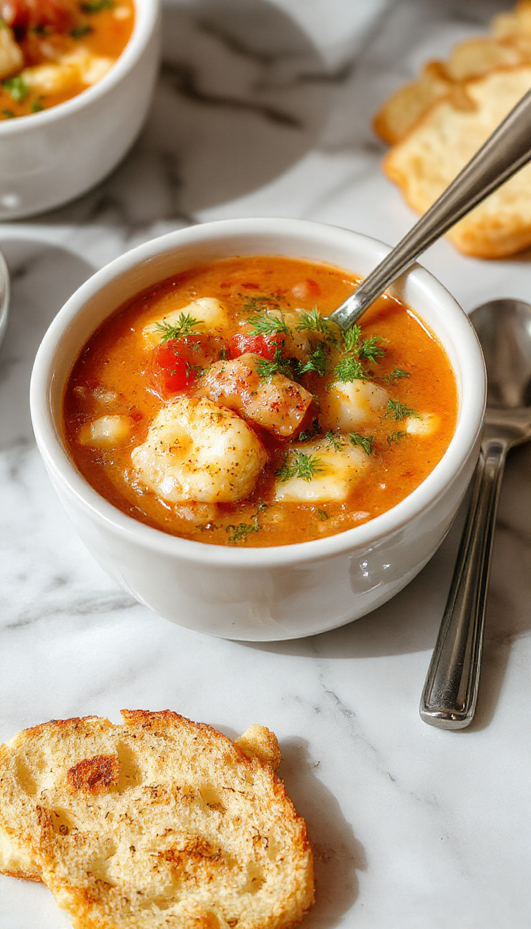 A steaming bowl of rich red tomato soup topped with crispy golden cheddar bay biscuits, garnished with chopped herbs and served in a rustic white bowl on a wooden table, steam rising from the hot dish.