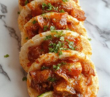 A close-up view of a plate featuring several Tacos de Birria filled with tender, shredded meat, topped with fresh chopped cilantro, diced onions, and a side of rich red salsa. The tacos are golden-brown with crispy edges, and the filling is steaming, showing juicy meat inside. The presentation is rustic yet inviting, with a colorful array of garnishes and a traditional Mexican ceramic plate enhancing the vibrant culinary scene.