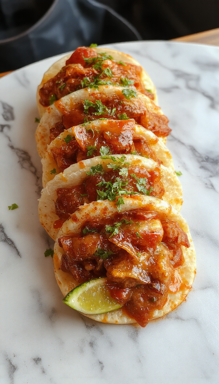 A close-up view of a plate featuring several Tacos de Birria filled with tender, shredded meat, topped with fresh chopped cilantro, diced onions, and a side of rich red salsa. The tacos are golden-brown with crispy edges, and the filling is steaming, showing juicy meat inside. The presentation is rustic yet inviting, with a colorful array of garnishes and a traditional Mexican ceramic plate enhancing the vibrant culinary scene.