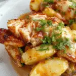 Un tazón hondo lleno de pollo BBQ de color dorado con un glaseado brillante, rodeado de rodajas de patata dulce asadas con piel, colocando sobre una cama de verduras frescas y verdes, adornado con hierbas frescas y un toque de salsa BBQ. La presentación es apetitosa, con ingredientes que resaltan en sus colores vibrantes y texturas diversas, todo en un tazón rústico sobre una mesa de madera clara.