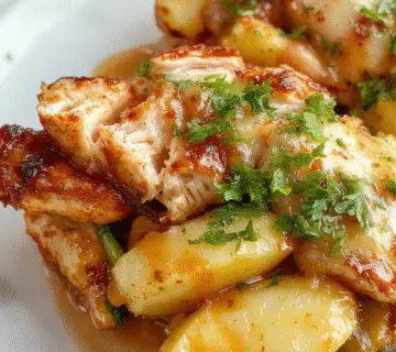 Un tazón hondo lleno de pollo BBQ de color dorado con un glaseado brillante, rodeado de rodajas de patata dulce asadas con piel, colocando sobre una cama de verduras frescas y verdes, adornado con hierbas frescas y un toque de salsa BBQ. La presentación es apetitosa, con ingredientes que resaltan en sus colores vibrantes y texturas diversas, todo en un tazón rústico sobre una mesa de madera clara.