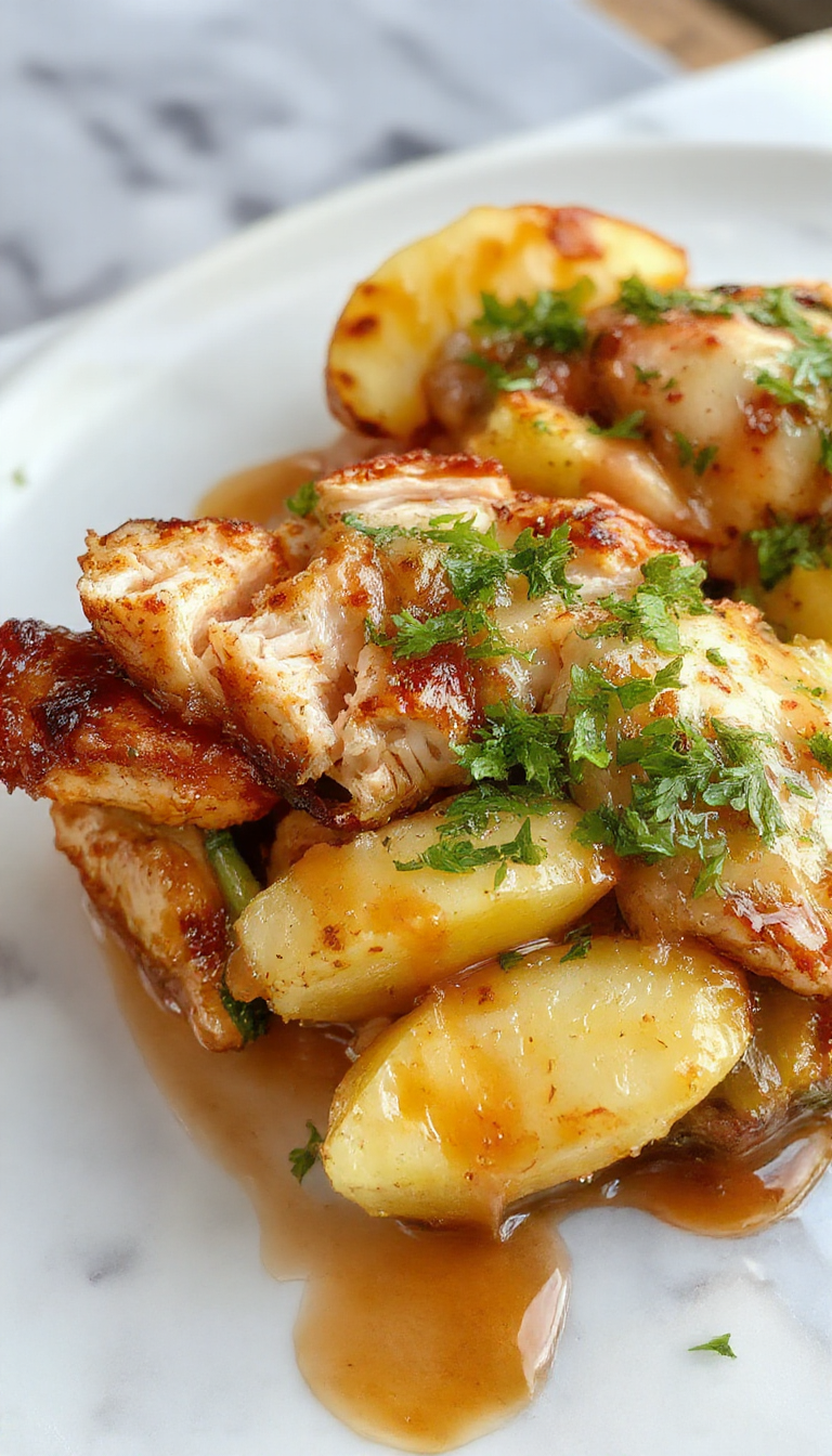 Un tazón hondo lleno de pollo BBQ de color dorado con un glaseado brillante, rodeado de rodajas de patata dulce asadas con piel, colocando sobre una cama de verduras frescas y verdes, adornado con hierbas frescas y un toque de salsa BBQ. La presentación es apetitosa, con ingredientes que resaltan en sus colores vibrantes y texturas diversas, todo en un tazón rústico sobre una mesa de madera clara.