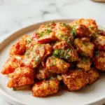 A vibrant bowl featuring crispy fried chicken chunks coated in a creamy, spicy sauce, topped with fresh chopped green onions and sesame seeds, served over a bed of colorful vegetables including shredded lettuce, julienned carrots, and sliced cucumbers, all arranged attractively in a deep ceramic bowl with a glossy finish