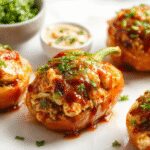 Colorful bell peppers filled with glazed teriyaki chicken and pineapple chunks, topped with sesame seeds and green onions, arranged attractively on a white plate