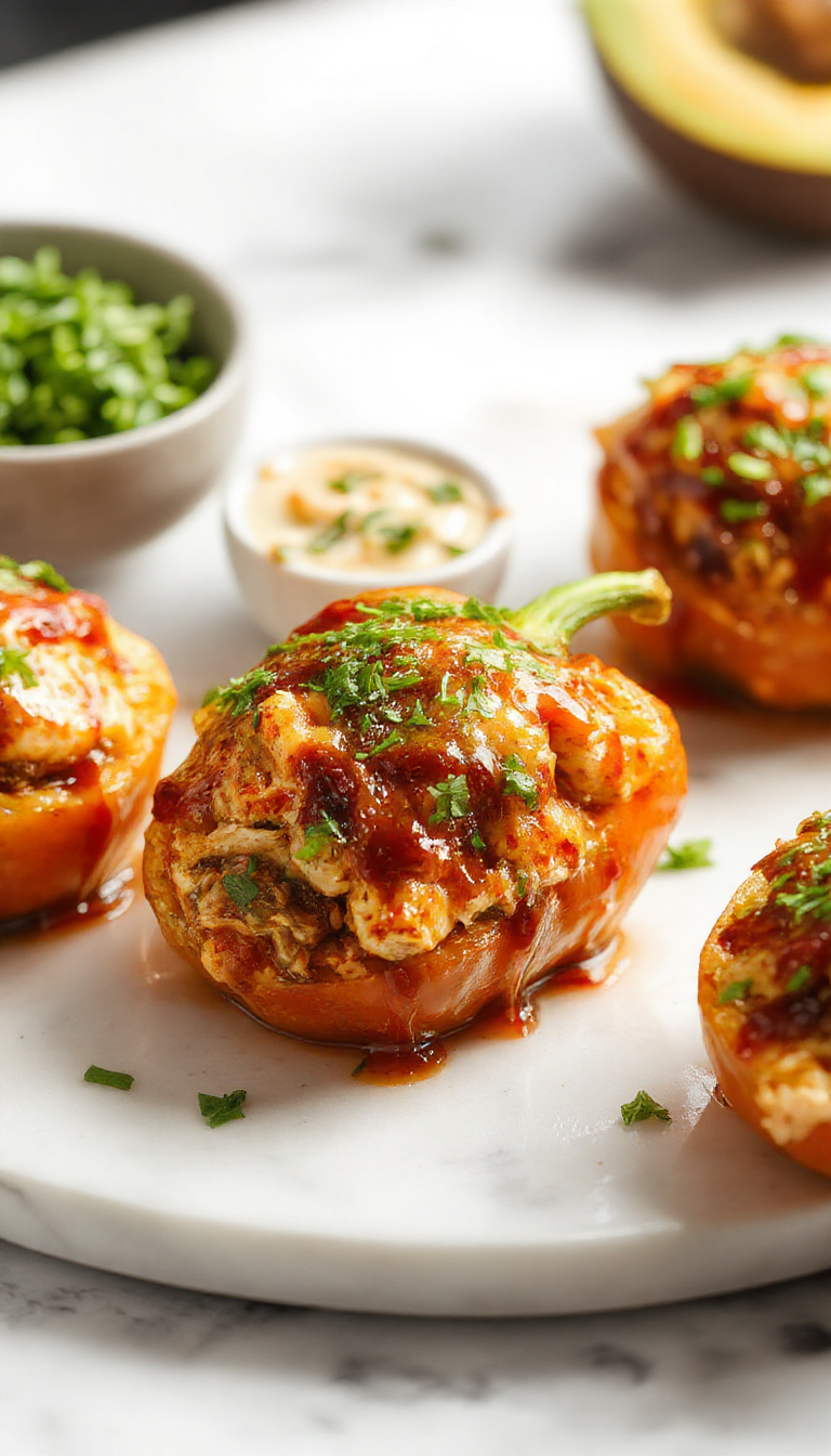 Colorful bell peppers filled with glazed teriyaki chicken and pineapple chunks, topped with sesame seeds and green onions, arranged attractively on a white plate