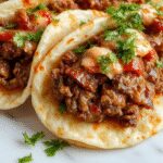 A close-up of beef birria tacos arranged on a rustic wooden platter, topped with chopped onions, fresh cilantro, and a wedge of lime. The tacos reveal tender, shredded beef inside golden corn tortillas with a slightly crispy edge, accompanied by a small bowl of rich red consommé on the side.
