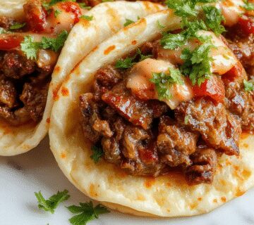 A close-up of beef birria tacos arranged on a rustic wooden platter, topped with chopped onions, fresh cilantro, and a wedge of lime. The tacos reveal tender, shredded beef inside golden corn tortillas with a slightly crispy edge, accompanied by a small bowl of rich red consommé on the side.