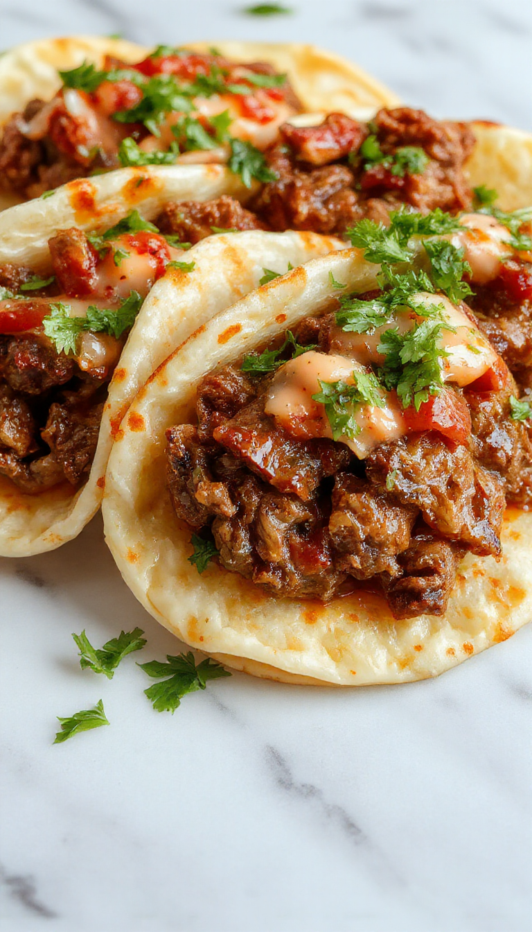 A close-up of beef birria tacos arranged on a rustic wooden platter, topped with chopped onions, fresh cilantro, and a wedge of lime. The tacos reveal tender, shredded beef inside golden corn tortillas with a slightly crispy edge, accompanied by a small bowl of rich red consommé on the side.