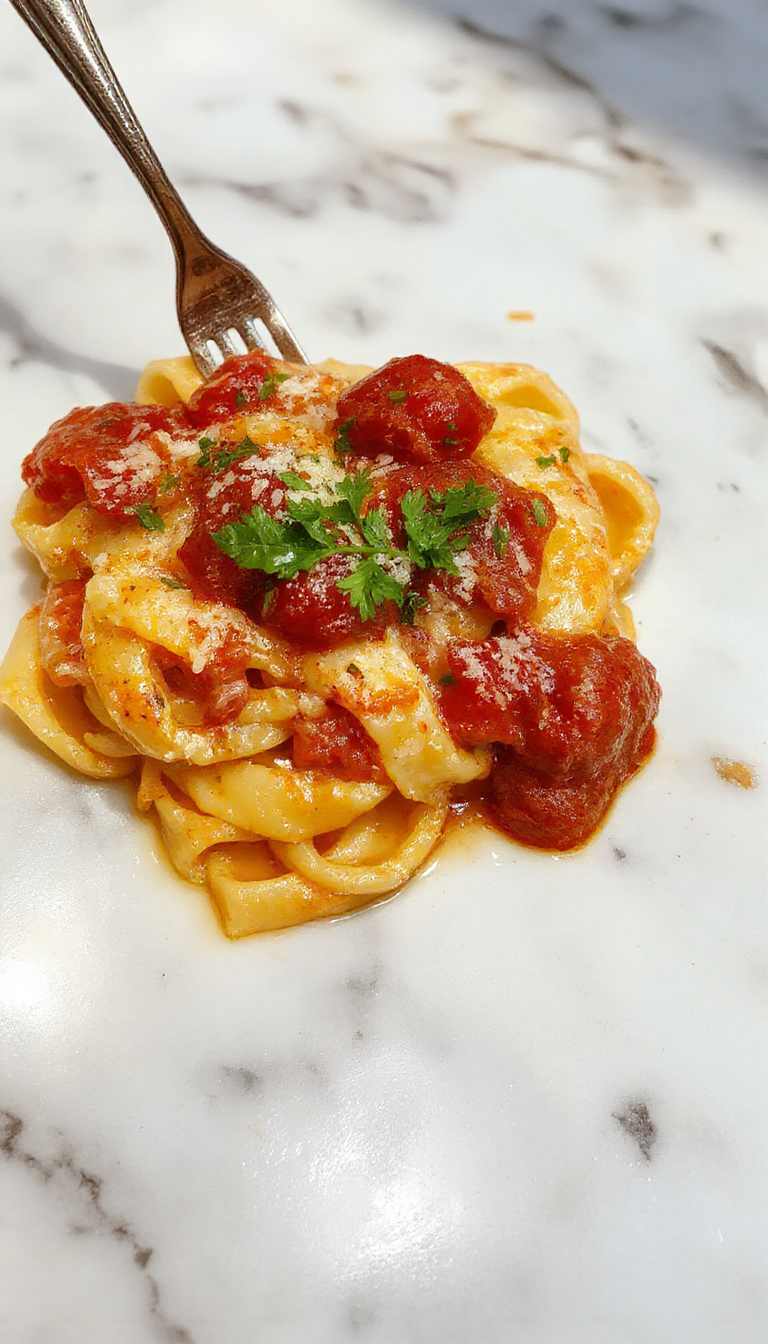 A close-up of a bowl of creamy tomato pasta topped with fresh basil leaves. The pasta has a rich, velvety crimson sauce with specks of herbs and grated cheese, garnished with a drizzle of olive oil and a sprinkle of black pepper. The dish is presented on a rustic wooden table with a sprig of basil beside it, evoking a warm and inviting atmosphere.