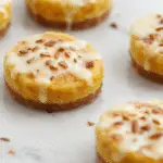 Mini trufas de tarta de queso y calabaza decoradas con polvo de cacao y trozos de nueces, presentadas sobre una bandeja de madera con detalles otoñales. La superficie de las trufas es lisa y dorada, con un toque ligeramente crujiente en la capa superior. Algunas están cortadas para mostrar el interior cremoso y anaranjado de calabaza y queso, destacando su textura suave y masticable. El fondo incluye hojas secas y canela en rama, evocando la esencia del otoño y la festividad de Halloween.