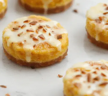 Mini trufas de tarta de queso y calabaza decoradas con polvo de cacao y trozos de nueces, presentadas sobre una bandeja de madera con detalles otoñales. La superficie de las trufas es lisa y dorada, con un toque ligeramente crujiente en la capa superior. Algunas están cortadas para mostrar el interior cremoso y anaranjado de calabaza y queso, destacando su textura suave y masticable. El fondo incluye hojas secas y canela en rama, evocando la esencia del otoño y la festividad de Halloween.