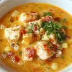 A steaming bowl of corn and chicken soup with a creamy yellow base, garnished with fresh herbs, surrounded by corn kernels, and served in a rustic ceramic bowl on a wooden table.