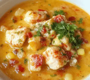 A steaming bowl of corn and chicken soup with a creamy yellow base, garnished with fresh herbs, surrounded by corn kernels, and served in a rustic ceramic bowl on a wooden table.