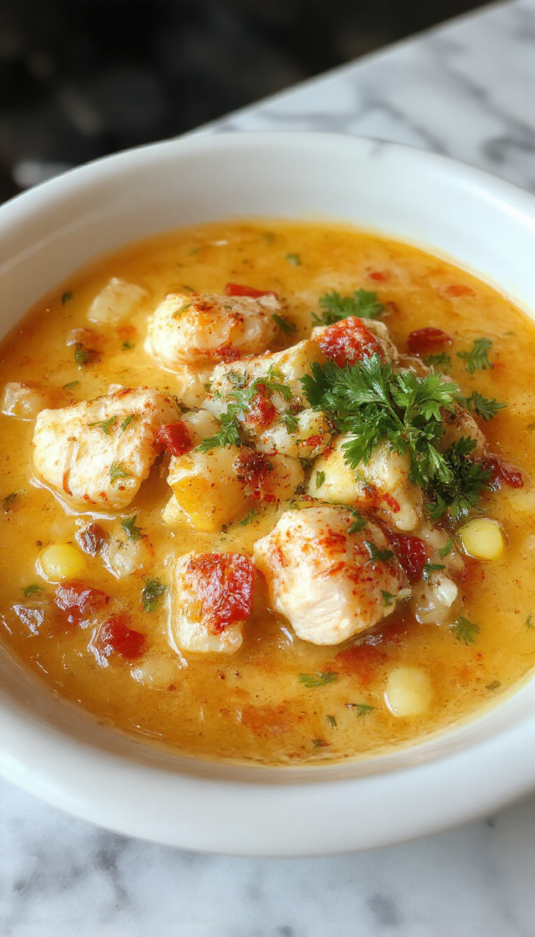 A steaming bowl of corn and chicken soup with a creamy yellow base, garnished with fresh herbs, surrounded by corn kernels, and served in a rustic ceramic bowl on a wooden table.