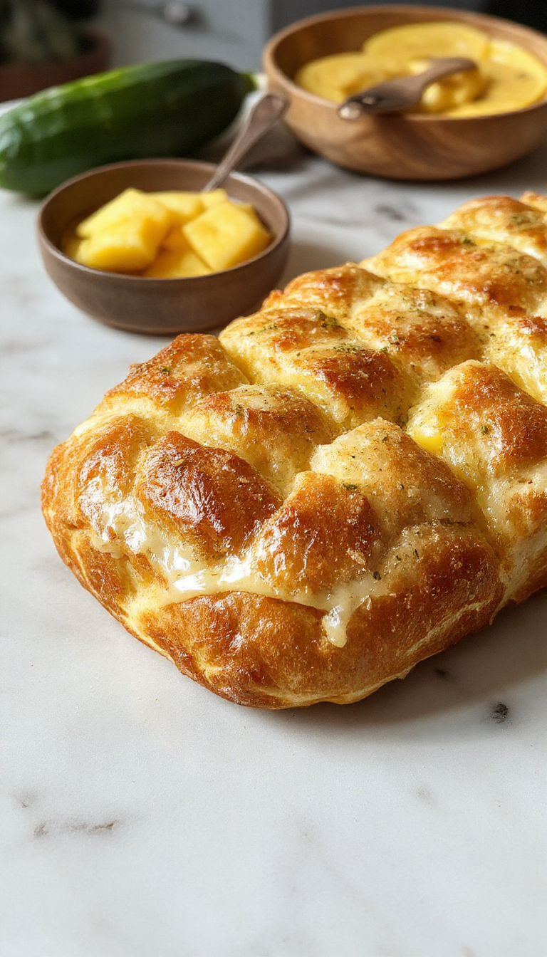 A rustic loaf of pumpkin and zucchini bread with a golden-brown crust, sliced to reveal a moist, speckled interior filled with vibrant orange and green pieces, presented on a wooden cutting board with a scattering of flour around, focus on the textured surface and colorful ingredients.