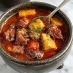 A simmering black cauldron-shaped pot filled with hearty beef stew, topped with chopped herbs and vegetables, sitting on a rustic wooden table with flickering candlelight accents. The stew has a rich brown color with chunks of beef and carrots visible, creating a spooky yet appetizing appearance.