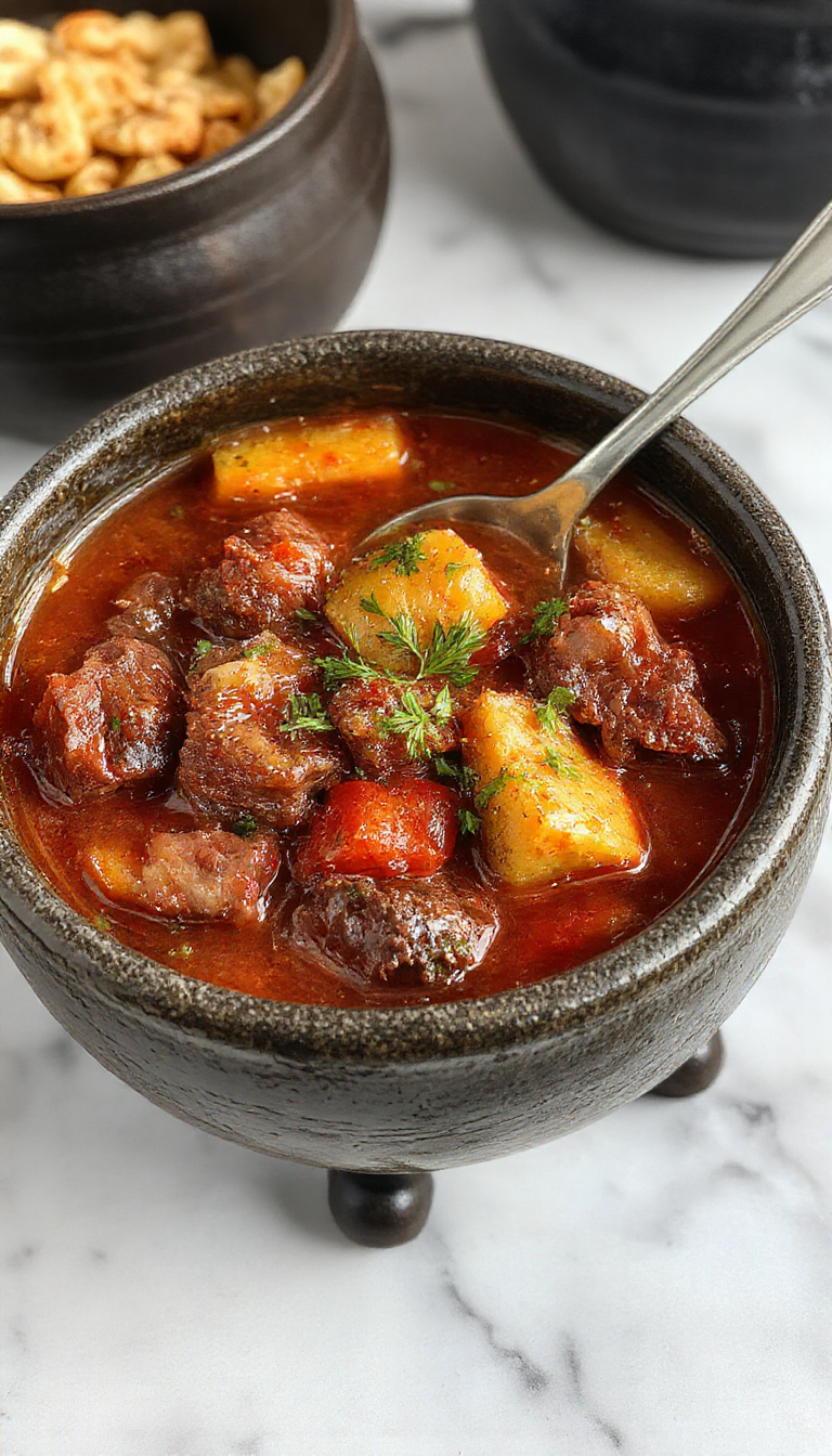 A simmering black cauldron-shaped pot filled with hearty beef stew, topped with chopped herbs and vegetables, sitting on a rustic wooden table with flickering candlelight accents. The stew has a rich brown color with chunks of beef and carrots visible, creating a spooky yet appetizing appearance.