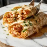 Un plato de wraps de pollo con ajo y queso, enrollados en tortillas suaves, con una superficie dorada y ligeramente crujiente, rellenos de pollo jugoso, queso derretido y trozos de ajo visible. Presentados sobre un plato blanco con algunas hojas verdes y rodajas de tomate al lado. La imagen captura la textura cremosa del queso y la apariencia apetecible del pollo bien cocido, en un entorno de cocina moderna con fondo nublado y luz natural que resalta los colores vibrantes de los ingredientes.