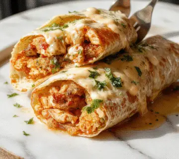 Un plato de wraps de pollo con ajo y queso, enrollados en tortillas suaves, con una superficie dorada y ligeramente crujiente, rellenos de pollo jugoso, queso derretido y trozos de ajo visible. Presentados sobre un plato blanco con algunas hojas verdes y rodajas de tomate al lado. La imagen captura la textura cremosa del queso y la apariencia apetecible del pollo bien cocido, en un entorno de cocina moderna con fondo nublado y luz natural que resalta los colores vibrantes de los ingredientes.