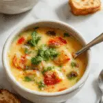 A warm bowl of Zuppa Toscana Vegana featuring a creamy, light-colored broth filled with kale, tender diced potatoes, and slices of vegan sausage. The soup is garnished with fresh herbs and served in a rustic white bowl, placed on a wooden table with a side of crusty bread visible in the background.