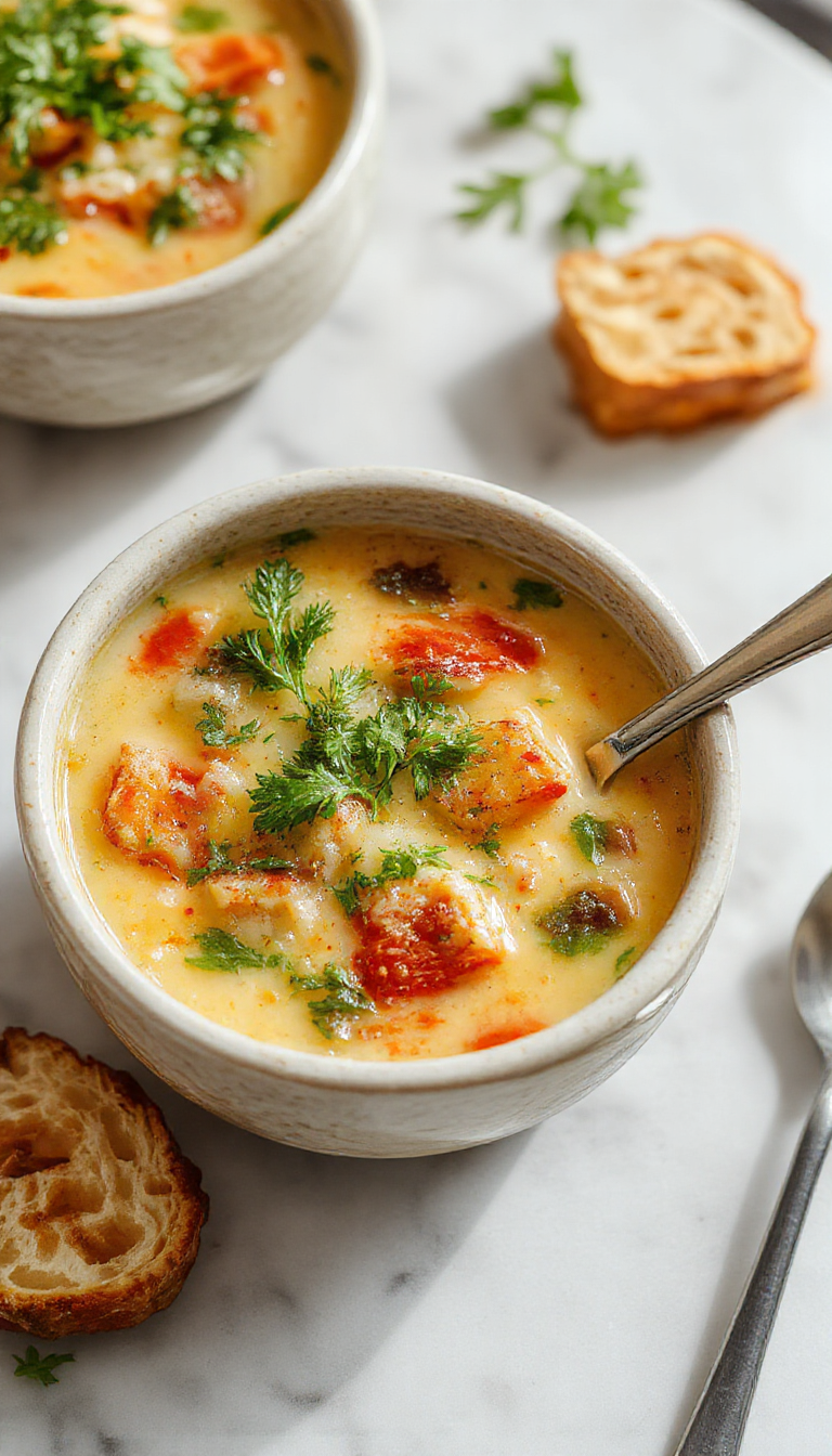 A warm bowl of Zuppa Toscana Vegana featuring a creamy, light-colored broth filled with kale, tender diced potatoes, and slices of vegan sausage. The soup is garnished with fresh herbs and served in a rustic white bowl, placed on a wooden table with a side of crusty bread visible in the background.