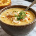 A steaming bowl of Thai chicken coconut soup garnished with fresh cilantro, sliced red chilies, and lime wedges. The soup showcases a rich, creamy broth with tender chicken pieces, colorful vegetables, and a sprinkle of herbs, served on a rustic wooden table with a side of crusty bread.