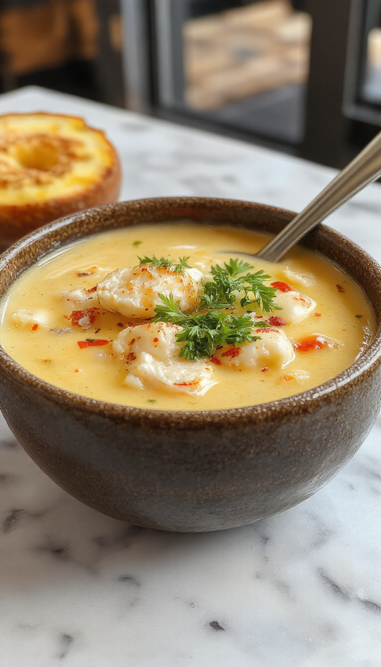 A steaming bowl of Thai chicken coconut soup garnished with fresh cilantro, sliced red chilies, and lime wedges. The soup showcases a rich, creamy broth with tender chicken pieces, colorful vegetables, and a sprinkle of herbs, served on a rustic wooden table with a side of crusty bread.