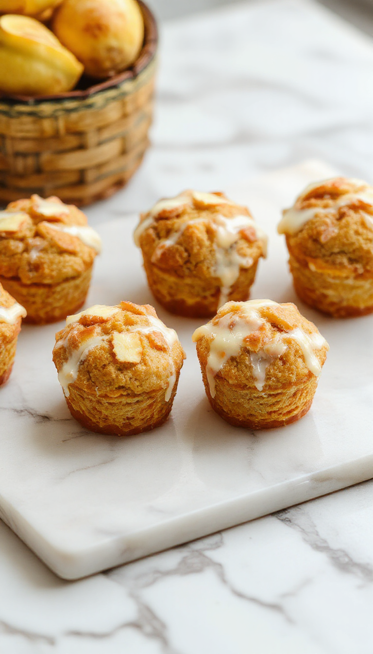 A close-up image of freshly baked Greek yogurt apple cinnamon muffins arranged on a rustic wooden platter. The muffins have a golden-brown top with a slightly cracked surface, speckled with tiny bits of apple and cinnamon. One muffin is broken open showing its moist, fluffy interior dotted with bits of apple and a swirl of cinnamon, while a few fresh apple slices are placed beside the muffins for garnish. The background is softly blurred, emphasizing the textures and warm tones of the baked goods.