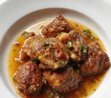 Plato de albóndigas Salisbury steak en una olla de cocción lenta, cubiertas con una salsa espesa y glossy, acompañadas de verduras y puré de papas. La comida está en un plato rústico, con una apariencia casera y apetecible, con un fondo difuso que resalta los detalles del plato.