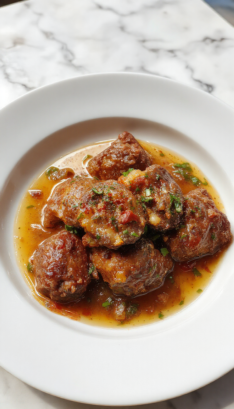 Plato de albóndigas Salisbury steak en una olla de cocción lenta, cubiertas con una salsa espesa y glossy, acompañadas de verduras y puré de papas. La comida está en un plato rústico, con una apariencia casera y apetecible, con un fondo difuso que resalta los detalles del plato.