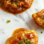 A close-up shot of a rustic white bowl filled with glossy, golden-brown albóndigas coated in a rich, vibrant red chili glaze. The meatballs are evenly sized and arranged neatly, with some submerged in the thick sauce that glistens under soft lighting. Fresh herbs and sliced red chilies garnish the top, adding bursts of color and freshness.