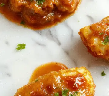 A close-up shot of a rustic white bowl filled with glossy, golden-brown albóndigas coated in a rich, vibrant red chili glaze. The meatballs are evenly sized and arranged neatly, with some submerged in the thick sauce that glistens under soft lighting. Fresh herbs and sliced red chilies garnish the top, adding bursts of color and freshness.
