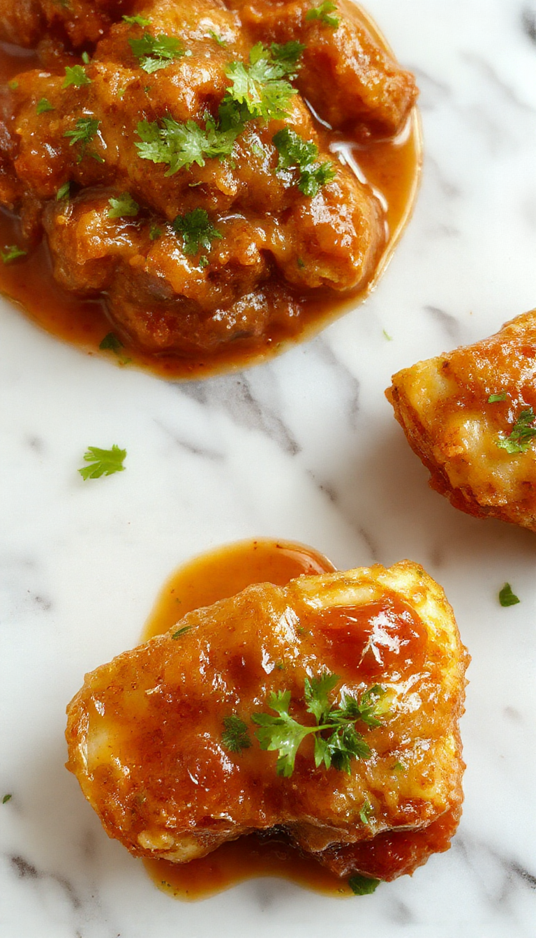 A close-up shot of a rustic white bowl filled with glossy, golden-brown albóndigas coated in a rich, vibrant red chili glaze. The meatballs are evenly sized and arranged neatly, with some submerged in the thick sauce that glistens under soft lighting. Fresh herbs and sliced red chilies garnish the top, adding bursts of color and freshness.