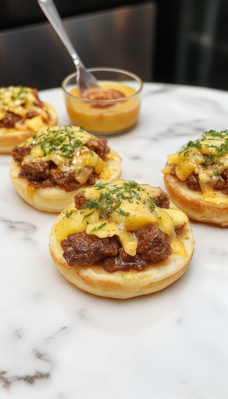 A rustic white plate featuring tender chunks of beef stew with golden-brown edges, topped with melted butter and finely chopped garlic, surrounded by crispy roasted potatoes. The dish is garnished with fresh herbs and served with a side of crusty bread. The presentation emphasizes the savory, hearty nature of the stew with warm, inviting colors and textures.