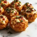 Bolas festivas de relleno de pavo en forma de pequeñas esferas doradas, rellenas con arándanos y hierbas, dispuestas elegantemente en un plato de cerámica blanca con garnitura de hojas de tomillo fresco.