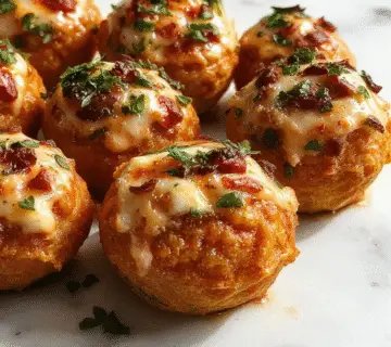 Bolas festivas de relleno de pavo en forma de pequeñas esferas doradas, rellenas con arándanos y hierbas, dispuestas elegantemente en un plato de cerámica blanca con garnitura de hojas de tomillo fresco.