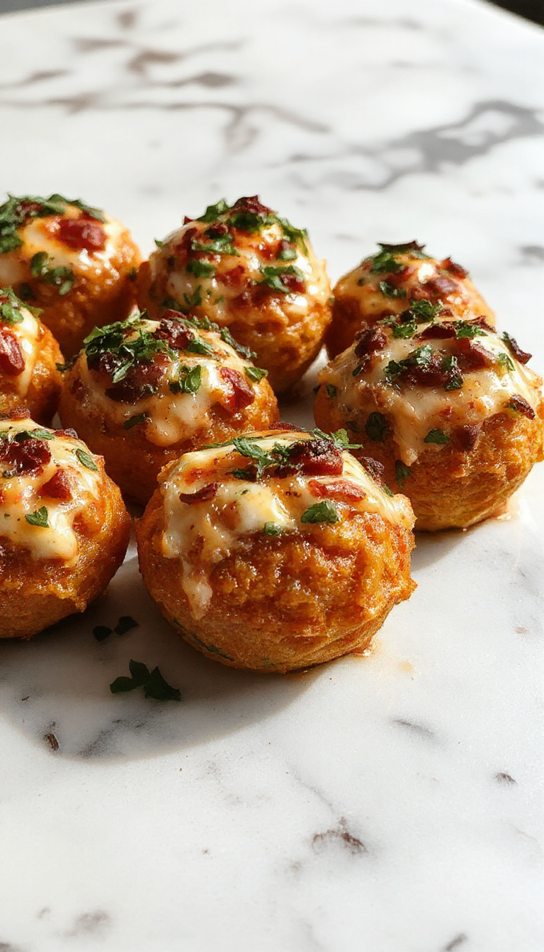 Bolas festivas de relleno de pavo en forma de pequeñas esferas doradas, rellenas con arándanos y hierbas, dispuestas elegantemente en un plato de cerámica blanca con garnitura de hojas de tomillo fresco.