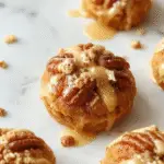 Close-up of golden-brown, bite-sized bolas resembling mini tarts with a textured surface showcasing chopped pecans. The balls are arranged on a rustic wooden platter, with a few pecans scattered around. The background is softly blurred, highlighting the rich, nutty appearance and decorative sprinkle of powdered sugar on some pieces.