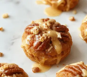 Close-up of golden-brown, bite-sized bolas resembling mini tarts with a textured surface showcasing chopped pecans. The balls are arranged on a rustic wooden platter, with a few pecans scattered around. The background is softly blurred, highlighting the rich, nutty appearance and decorative sprinkle of powdered sugar on some pieces.