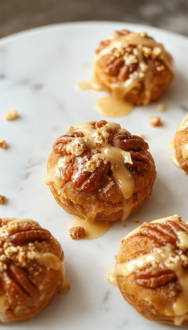 Close-up of golden-brown, bite-sized bolas resembling mini tarts with a textured surface showcasing chopped pecans. The balls are arranged on a rustic wooden platter, with a few pecans scattered around. The background is softly blurred, highlighting the rich, nutty appearance and decorative sprinkle of powdered sugar on some pieces.