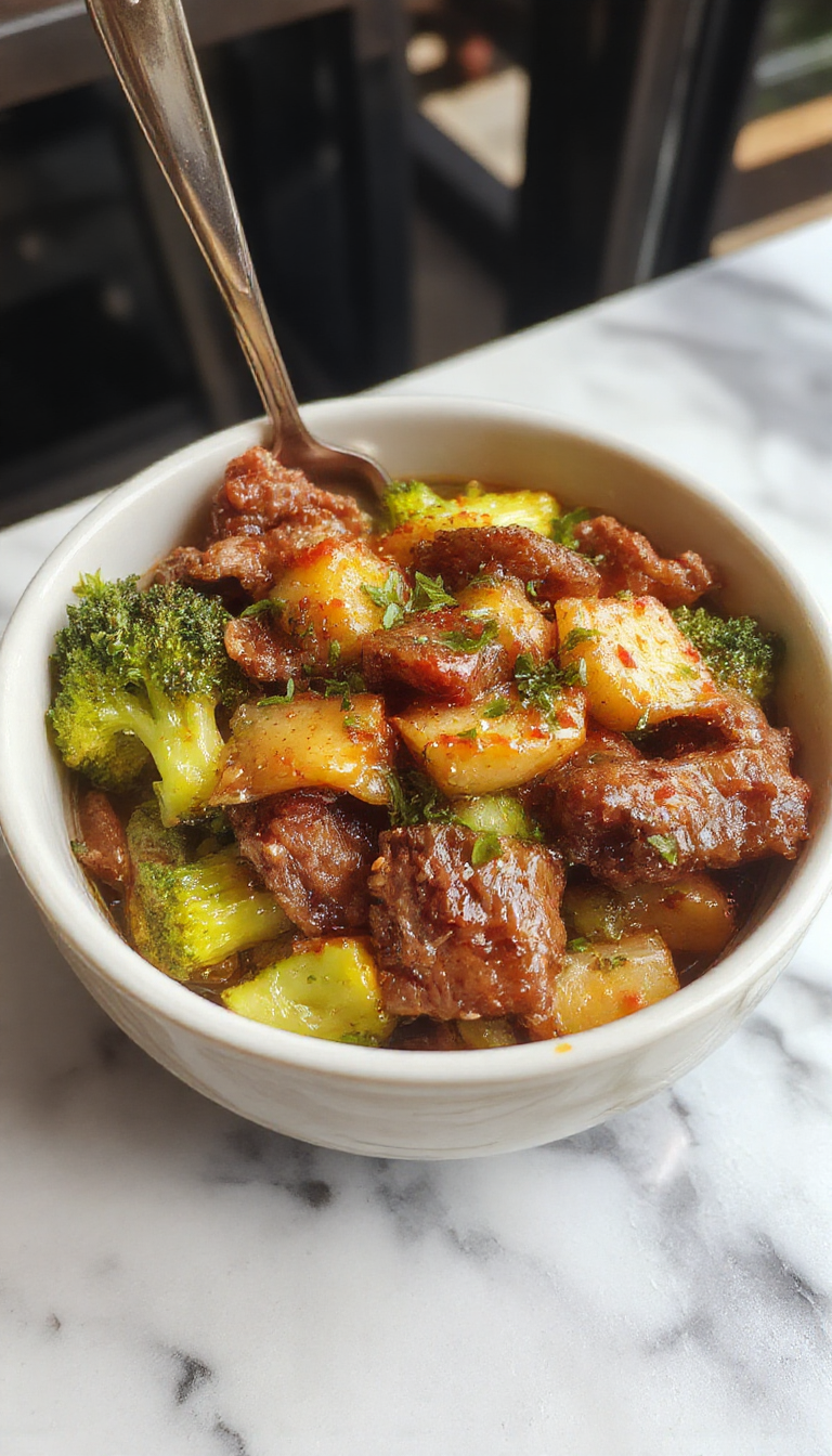 A vibrant dish of Carne de Res y Brócoli Chino served on a white plate. The beef strips are glazed in a glossy dark soy sauce, garnished with fresh green broccoli florets. The presentation highlights the rich, tender meat contrasting with the bright, crisp broccoli, arranged neatly with a sprinkle of sesame seeds and chopped green onions for a colorful touch. In the background, a pair of chopsticks rests beside the plate, evoking an authentic Chinese cuisine vibe.